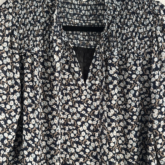 Pleione White and Blue Smocked Tie Front Blouse - Picture 4 of 5